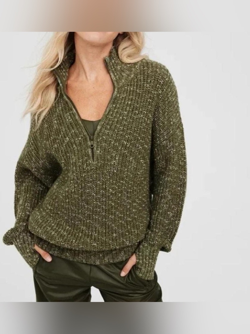 Aerie Oversized Olive Green Half-Zip Knit Sweater Large